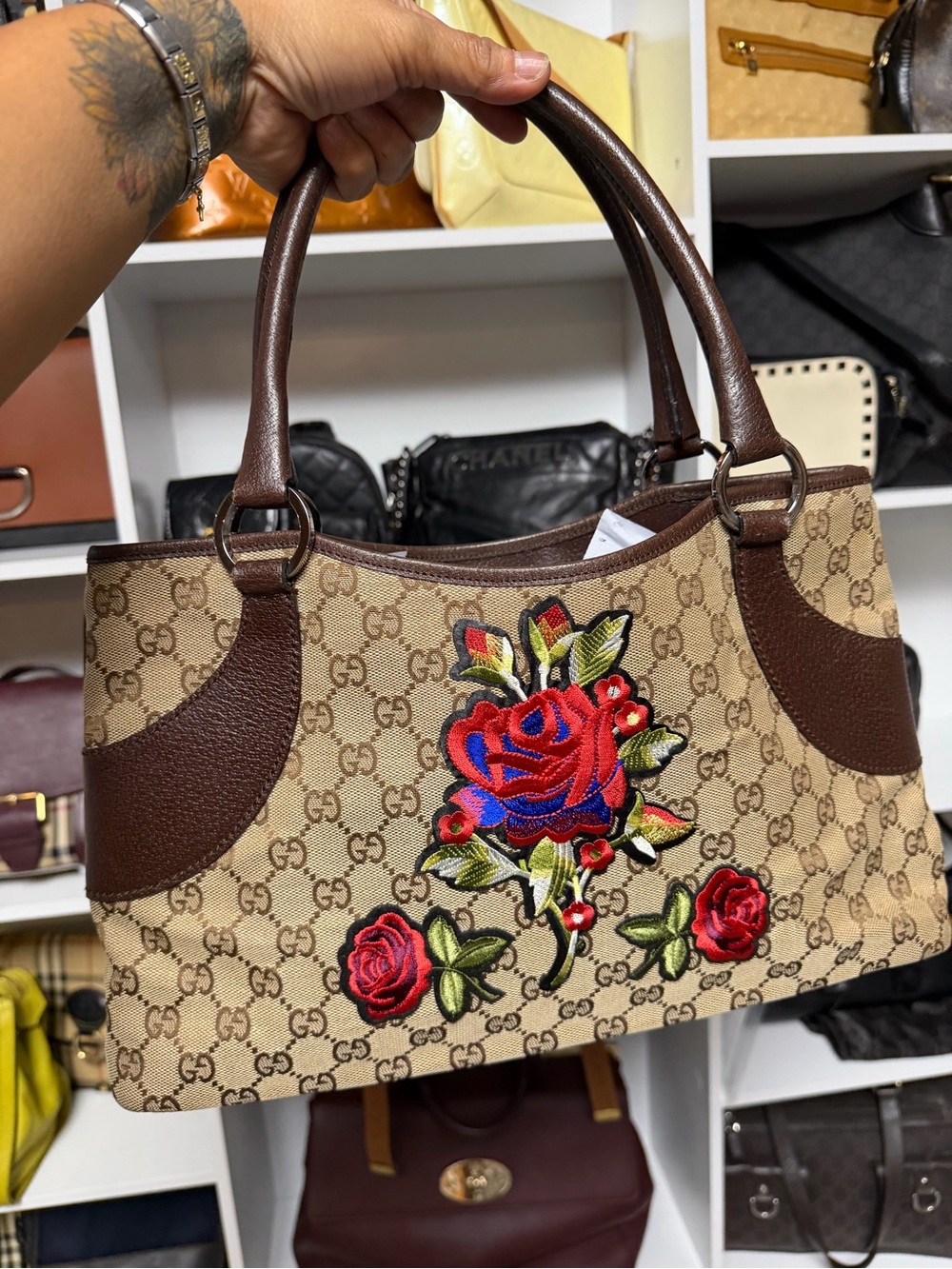 Gucci Beige GG Canvas Tote with Brown Trim and Red Rose Embroidery
